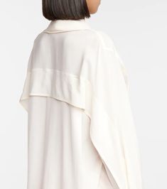 Victoria Beckham - Silk blouse | Mytheresa Cream Silk Top For Workwear, White Long Sleeve Silk Shirt, Silk Cream Top For Office, Cream Silk Top For Office, White Viscose Formal Tops, Formal White Viscose Tops, Modern White Blouse With Fold Down Collar, Modern White Blouse With Cuffed Sleeves, Chic Long Sleeve Silk Crepe Tops