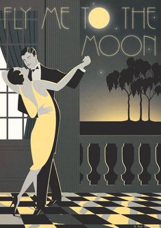 a man and woman dancing in front of a window with the words tell me to the moon