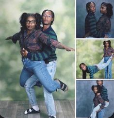 a man and woman are dancing together in different poses with their arms around each other