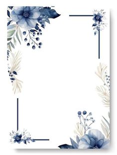 a blue and white floral frame with flowers on the bottom, surrounded by greenery