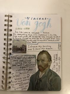 a note book with an image of a man's face and words on it