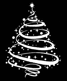 a black and white christmas tree with swirls on the top, stars in the background