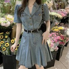 Product Show： Size Chart: Size/(cm) Length Bust Sleeve Waist S 77 84 22 64 M 79 88 23 68 L 81 92 24 72 XL 83 94 25 76 Product Details Denim Dress Korean, Office Shoes Women, Dress Korean, A Line Dresses, Korean Dress, Summer Clothing, Dresses Women, Y2k Style, Dress First