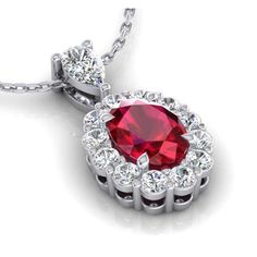 METAL SPECIFICATIONS White Gold 14K STONE SPECIFICATIONS Stone Name : Red Ruby and Diamond Stone Cut : Oval, Pear, and Round Stone Details : There is one oval shaped red ruby approx. 1.35 carats (Approx. Size 7 x 5 mm), one pear diamond approx. 0.23 carats (Approx. Size 5 x 3 mm) with approx. 0.54 carats of smaller round diamonds on the sides. Natural earth mined stones. Color : F Clarity : VS1 Quality of Ruby : AAA Total : Approx. 2.12 Carats PENDANT SPECIFICATIONS Length : 16” (Can change leng Ruby And Diamond Necklace, Diamond Pendants Designs, Eagle Claw, Diamond Jewelry Necklace, Ruby Necklace, Pear Diamond, Red Ruby, Pendant Design, Stone Cuts