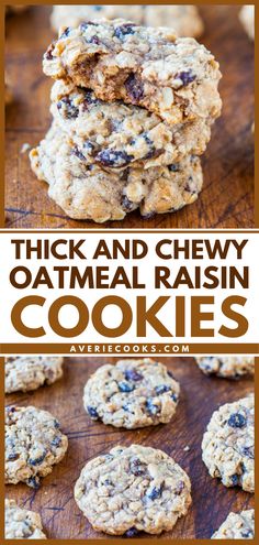 thick and chewy oatmeal raisin cookies stacked on top of each other