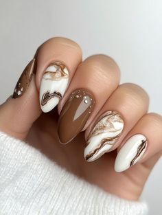 Silver Fall Nails, White And Brown Nails Design, Brown And White Nails Design, Brown Fall Nails, Fall Nails Ideas, Quick Nail Art, Marble Nail Designs, 2024 Nails, Fingernail Designs