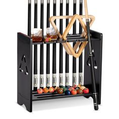 a rack that has several different items on it and is made out of black wood