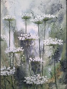 a painting of white flowers on a green and gray background with watercolor paint effect