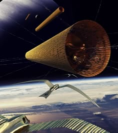 an artist's rendering of the solar system and its satellites in orbit, with earth in the background