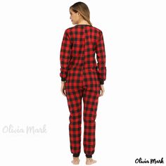 Olivia Mark - Checkered Cotton Flannel Jumpsuit Pajamas Home Wear Warm Clothing Long Sleeve Tops Casual, Home Wear, Collar Designs, Warm Outfits, Wide Leg Jumpsuit, Cotton Flannel, Olivia Mark, Stand Collar, Long Sleeve Tops