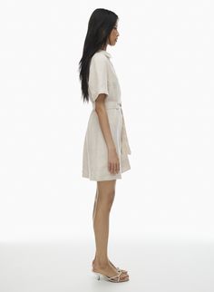 ELETA LINEN MINI DRESS | Aritzia Linen Shirt Dress, Linen Mini Dress, Organic Linens, Cuff Sleeves, Body Measurements, Linen Shirt, Button Up Shirts, Short Sleeve Dresses, Short Dresses