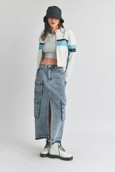 Specifications: Cargo Pockets Acid Wash Denim Midi/Long Fit Front Slit 100% Cotton Cargo Midi Skirt Outfit, Cargo Long Skirt, Denim Maxi Skirt Outfit, Cargo Skirt Outfit, Denim Tube Top, Denim Skirt Fashion, Edgy Streetwear, Midi Skirt Outfit, Maxi Skirt Outfits