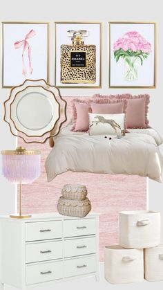 the bedroom is decorated in pink and white with pictures on the wall, bedding, dresser