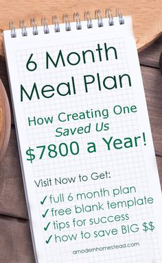 a notepad with the text 6 month meal plan how creating one saved us $ 790 a year