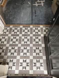 an overhead view of a black and white tiled floor