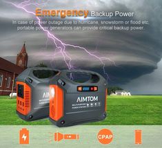 an advertisement for an emergency backup power system on the grass with lightning in the background