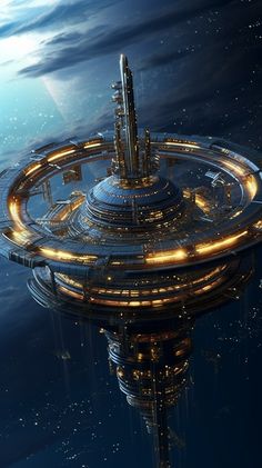 a futuristic space station floating in the water