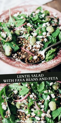 two plates filled with lentils, spinach, and feta salads on top of each other