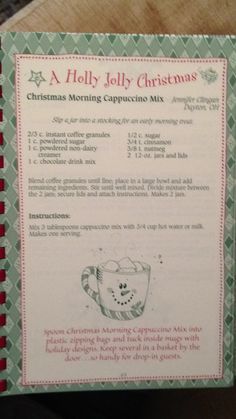 a recipe book with instructions for christmas morning cappuccino mix