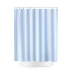 a blue and white shower curtain with vertical stripes on the outside, against a white background