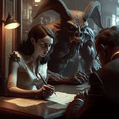 a woman sitting at a desk in front of a demon with a pen and paper