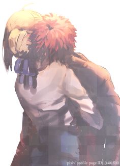 an anime character with red hair and white shirt holding his hands behind his back while standing in front of the camera