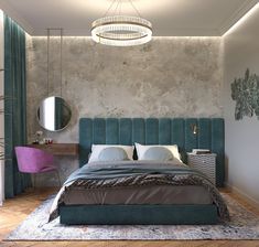 a bedroom with a large bed and green headboard on the wall next to a mirror