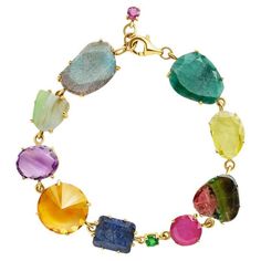 One-of-a-kind broken gems bracelet. Hand-made assembled on a 14-karat gold frame, this is a Unique Gems statement piece composed by a a selection of eleven gemstones: two treated rubies, a matrix emerald, a lemon quartz, a watermelon tourmaline, a chrome diopside, a blue sapphire, a citrine, one amethyst, one agate and a labradorite. Total Length: 20,5 cm / SUOT G585 engraving. Each gemstone has been hand-selected from our gem archives to celebrate its singularity, Unique Gems is a love letter t Ruby Bracelets, Jewelry 2024, Ruby Bracelet, Gems Bracelet, A Love Letter, Pearl Necklaces, Fancy Jewelry, Lemon Quartz, Watermelon Tourmaline