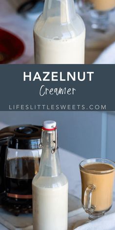 a bottle of hazelnut creamer next to a cup of coffee