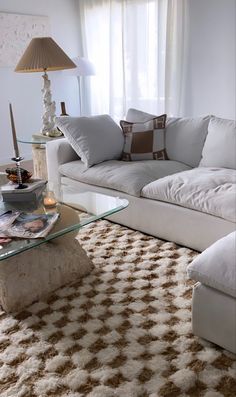 a living room filled with furniture and a large rug on top of a carpeted floor