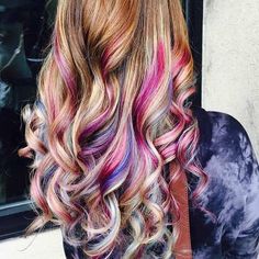 Blonde Pink And Purple Hair, Multi Colored Highlights, Pink And Purple Hair Highlights, Mermaid Highlights, Pink And Purple Highlights, Peekaboo Purple, Funky Hair Colors, Rainbow Highlights, Peekaboo Hair Colors