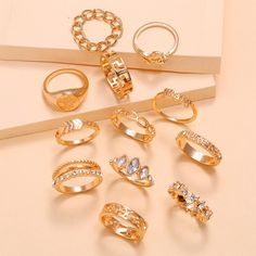 12 Pcs/set Metals Type: Zinc AlloyMaterial: MetalSurface Width: 6mmColor: Gold Bohemia Wedding, Wedding Rings Set, Geometric Flower, Five Pointed Star, Sewing Ribbon, Knuckle Rings, Five Points, Arrow Design, Rings Set