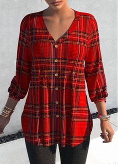 Color:Red;Size:S;Size:L;Package Contents:1 X Blouse;Style:Casual; Blouse Size Chart, Checked Blouse, Trendy Tops For Women, Plaid Outfits, Blouse Style, Crochet Clothing, Trendy Blouses, Women's Blouses, Elegant Blouses