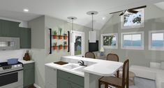 an artist's rendering of a kitchen and living room in a house with gray walls