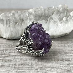 Huge Druzy amethyst ring Sterling silver Purple raw stone rings for women, Amethyst crystal ring, made in Armenia 【FULL DETAILS】 ► Gemstone: natural amethyst ► RING SIZE: All size available ► RING WEIGHT: 30 gr ► Length and width: 33 * 25 mm ►Height from the finger: 15 mm All our jewelry is crafted with great attention to detail! We strive to provide you the best quality, modern design, and perfect look!! All our jewelry is made of high-quality sterling silver and is stamped with a 925 stamp Thi Raw Stone Rings, Black Obsidian Jewelry, Stone Rings For Women, Raw Amethyst Ring, Mushroom Ring, Huge Rings, Raw Stone Ring, Unusual Rings, Wax Casting