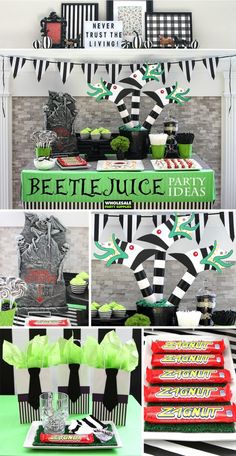 a collage of photos showing different themes for a halloween party with black, white and green decorations