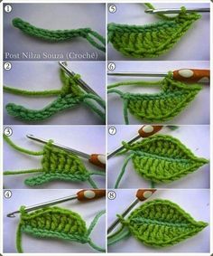 the steps to crochet leaves are shown