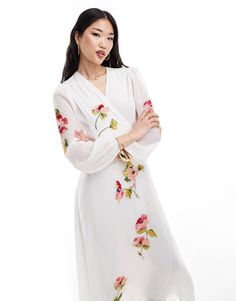 Hope & Ivy wrap maxi dress with floral embroidery in white | ASOS Dress With Floral Embroidery, Formal Dresses Graduation, Volume Sleeves, Wrap Maxi Dress, Big Night, Long Sleeve Floral Dress, Satin Slip Dress, Maxi Dress Trend, Maxi Wrap Dress