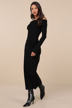 From office parties to holiday bashes, there are plenty of occasions the Glamorous Incredibly Pristine Black Off-the-Shoulder Sweater Maxi Dress will be perfect for! Stretchy ribbed sweater knit shapes this must-have dress that features a chic off-the-shoulder neckline with a fold-over trim and a flirty bodycon silhouette, all framed by long sleeves. A sophisticated maxi hem completes the look. Fit: This garment fits true to size. Length: Ankle length. Size medium measures 46.5" from top to bottom. Bust: Great for any cup size. Waist: Fitted - stretchy fabric allows custom fit. Hip: Fitted - stretchy fabric allows room for hips. Undergarments: May be worn with a strapless bra, adhesive bra, petals, or no bra. Fabric: Fabric is very stretchy. Unlined. 41% Viscose, 35% Polyamide, 24% Polyest Sweater Maxi Dress, Adhesive Bra, Office Parties, Strapless Bra, Sweater Knit, Ribbed Sweater, Shoulder Sweater, Stretchy Fabric, Custom Fit