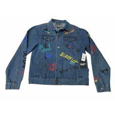 Elevate Your Fashion Game With This Brooklyn Cloth Jean Jacket. This Wardrobe Staple Features A Solid Pattern And A Denim Fabric Type With A Cotton Blend Outer Shell Material, Making It Perfect For Any Casual, Travel, Or Party Occasion. The Jacket Comes In A Trendy Denim Blue Color And Is Available In Size Medium. It Has A Button Closure And Is Adorned With Graffiti That Reads "Blessed No Cap," Adding An Edgy Touch To The Classic Jean Jacket Style. This Brooklyn Cloth Jean Jacket Is Perfect For Urban Style Denim Jacket For Urban Adventures, Casual Medium Wash Outerwear With Graphic Print, Urban Blue Outerwear With Graphic Print, Casual Denim Outerwear With Graphic Print, Blue Denim Jacket For Fall Streetwear, Casual Medium Wash Denim Jacket With Graphic Print, Relaxed Fit Blue Denim Jacket For Streetwear, Blue Relaxed Fit Denim Jacket For Streetwear, Trendy Blue Outerwear With Graphic Print