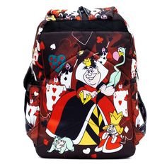 WondaPop Disney Nylon Backpacks are known for their whimsical Disney prints and designs. This beautiful, colorful backpack features bright images of The Queen of Heartsfrom Disney's Alice in Wonderland. The bag features the Queen of Hearts and her court. The bag hasfabric straps for putting pins on. Disney Themed Multicolor Bags For Fan Events, Themed Multicolor Bags For Disney Fan Events, Themed Multicolor Backpack For Theme Park, Disney Backpack For Theme Park And Back To School, Themed Multicolor Travel Bag, Themed Multicolor Character Print Bags, Themed Multicolor Standard Backpack, Themed Multicolor Bags With Character Print, Disney Multicolor Backpack For Theme Park