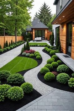 a large yard with landscaping and trees in the back ground, along with a walkway that leads to an outdoor living area