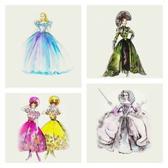 four different colored dresses are shown in this drawing