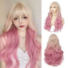 PRICES MAY VARY. 【Wig Design】Blonde ombre pink long wavy wig.fashionable wave styles and exquisite hair dyeing techniques make you more fashionable and charming. 【About this wig】Synthetic heat resistant fiber. natural and realistic, soft and skin friendly, without damaging the scalp. 【Wig Cap】Breathable rose net, comfortable, fit the scalp better,making the wig look more realistic and natural. 【Wig Usage】Perfect for Halloween, masquerade parties, christmas, anime cosplay and any other occasion. Blonde With Bangs, Wig Design, Curly Ombre, Christmas Anime, Long Wavy Wig, Cloud Pink, Wig Curly, Natural Hair Wigs, Blonde With Pink