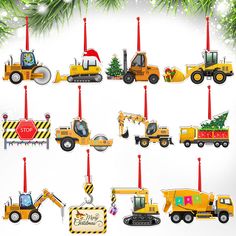 a christmas ornament with construction vehicles and trees