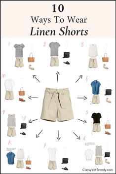 Linen is a popular fabric to wear in the Summer season.  The fabric is light, airy and breathes well in the heat.  Fabric made of pure linen does have a tendency to wrinkle and that's Short Outfit Ideas, Linen Shorts Outfit, Fashion Capsule Wardrobe, Wedge Espadrilles, Summer Capsule Wardrobe, Fashion Capsule