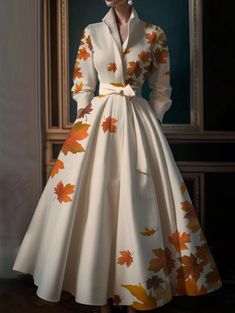 Elegant Leaf Pattern Maxi Dresses Multicolor Stand Collar Long  Sleeve Cotton Long Dress Party Multicolor Floral Dress, Wedding Evening Dress, Formal Occasion Dress, Dresses For, Cotton Long Dress, Maxi Dress Pattern, Evening Dresses For Weddings, Dress 2024, Vintage Material