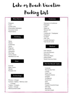 the lake or beach vacation packing list is shown in black and white with pink accents