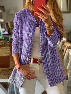 Fashion Wool Plaid Round neck Long sleeve Coats Chic Purple Long Sleeve Cardigan, Purple Long Sleeve Blazer For Office, Trendy Purple Long Sleeve Blazer, Long Sleeve Outerwear For Office In Spring, Trendy Long Sleeve Office Cardigan, Spring Office Outerwear With Long Sleeves, Long Sleeve Spring Outerwear For Office, Trendy Long Sleeve Cardigan For Office, Purple Long Sleeve Outerwear For Office