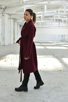 "Wool Elegant Coat, Winter Overcoat, Burgundy Coat ◈ Stylish and chic fashion is our shared dream! You can be sure that this piece is made with a lot of love and craftsmanship. ◈ S I Z I N G ◈ This item is available from XS to 4XL. Please, have a look at my Size Chart below before placing your order. The model in the picture is 63'' (160 cm) tall. ◈ D E L I V E R Y ◈ This item will be shipped in up to 5 days after your order was placed. We use Express worldwide shipping for all of our items. Shi Elegant Burgundy Long Coat, Burgundy Lapel Collar Outerwear For Winter, Burgundy Outerwear With Lapel Collar For Winter, Elegant Burgundy Outerwear For Winter, Elegant Burgundy Winter Outerwear, Elegant Burgundy Fall Outerwear, Elegant Burgundy Wool Outerwear, Winter Coat Elegant, Burgundy Coat